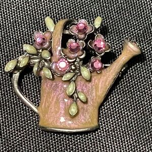 Vintage 🌸 Brooch, Gardening Inspired, Enamel with Rhinestones, Colorful, Pink +